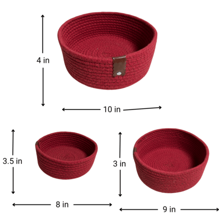Cotton Rope Storage Basket For Your Home & Kitchen (Small,Medium,Large) - Pack of 3 (Red) - Image 2