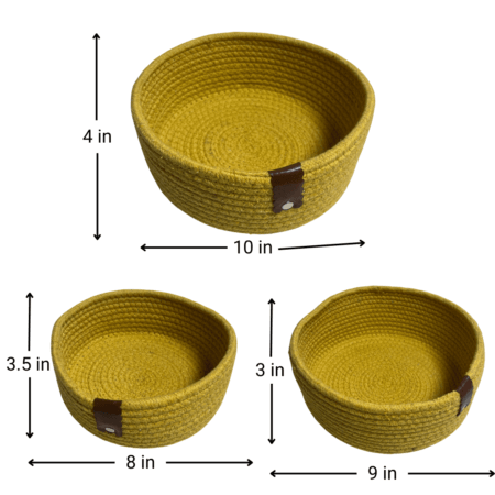 Cotton Rope Storage Basket For Your Home & Kitchen (Small,Medium,Large) - Pack of 3 (Yellow) - Image 2