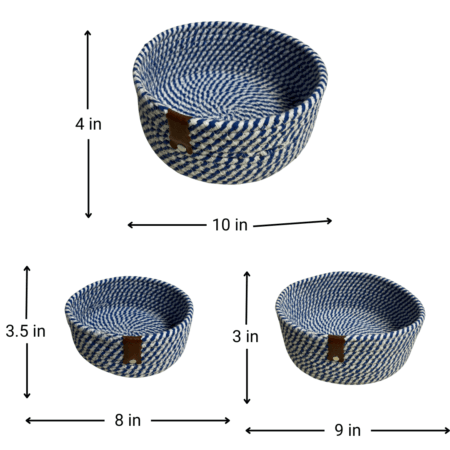 Cotton Rope Storage Basket For Your Home & Kitchen (Small,Medium,Large) - Pack of 3 (Blue White) - Image 2