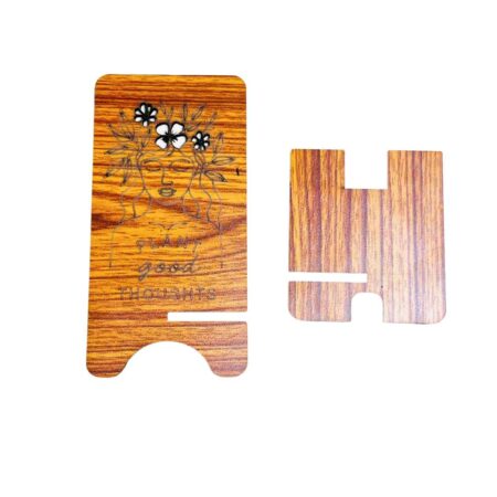 Wooden Mobile Stand / Mobile Holder for Office table, study table with Charging Slot (Plant Good Thoughts) - Image 5